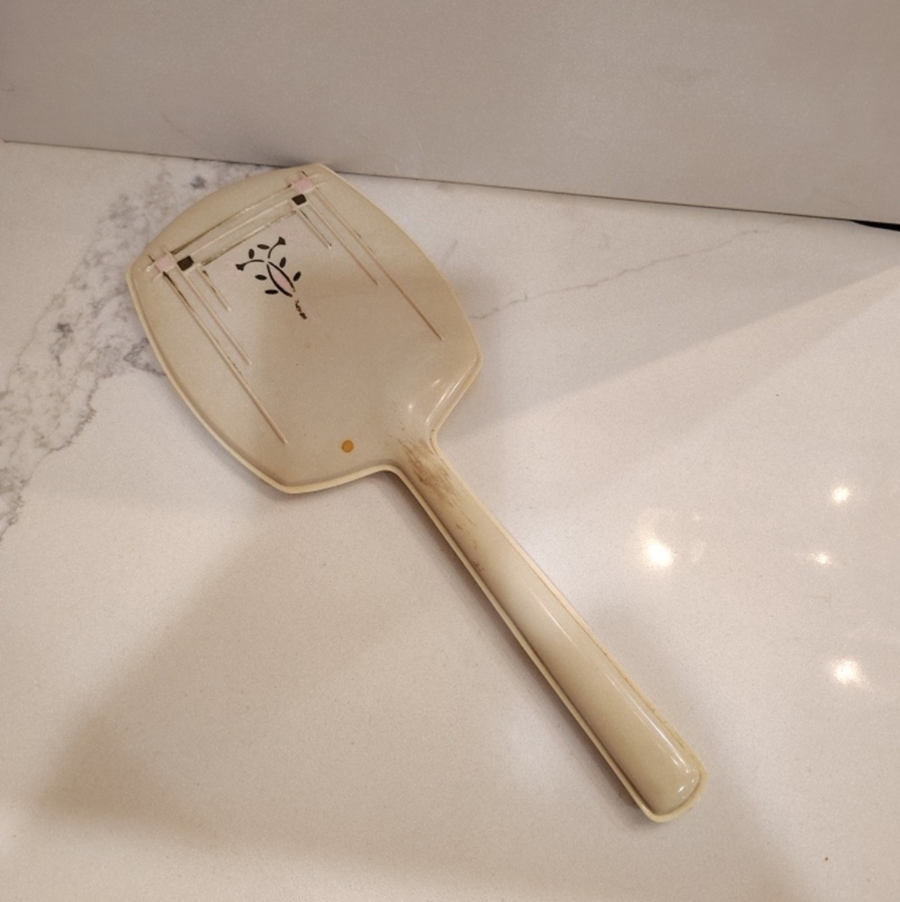 Vintage Bakelite Celluloid Art Deco Style Vanity Hand Mirror Ivory  12.75"